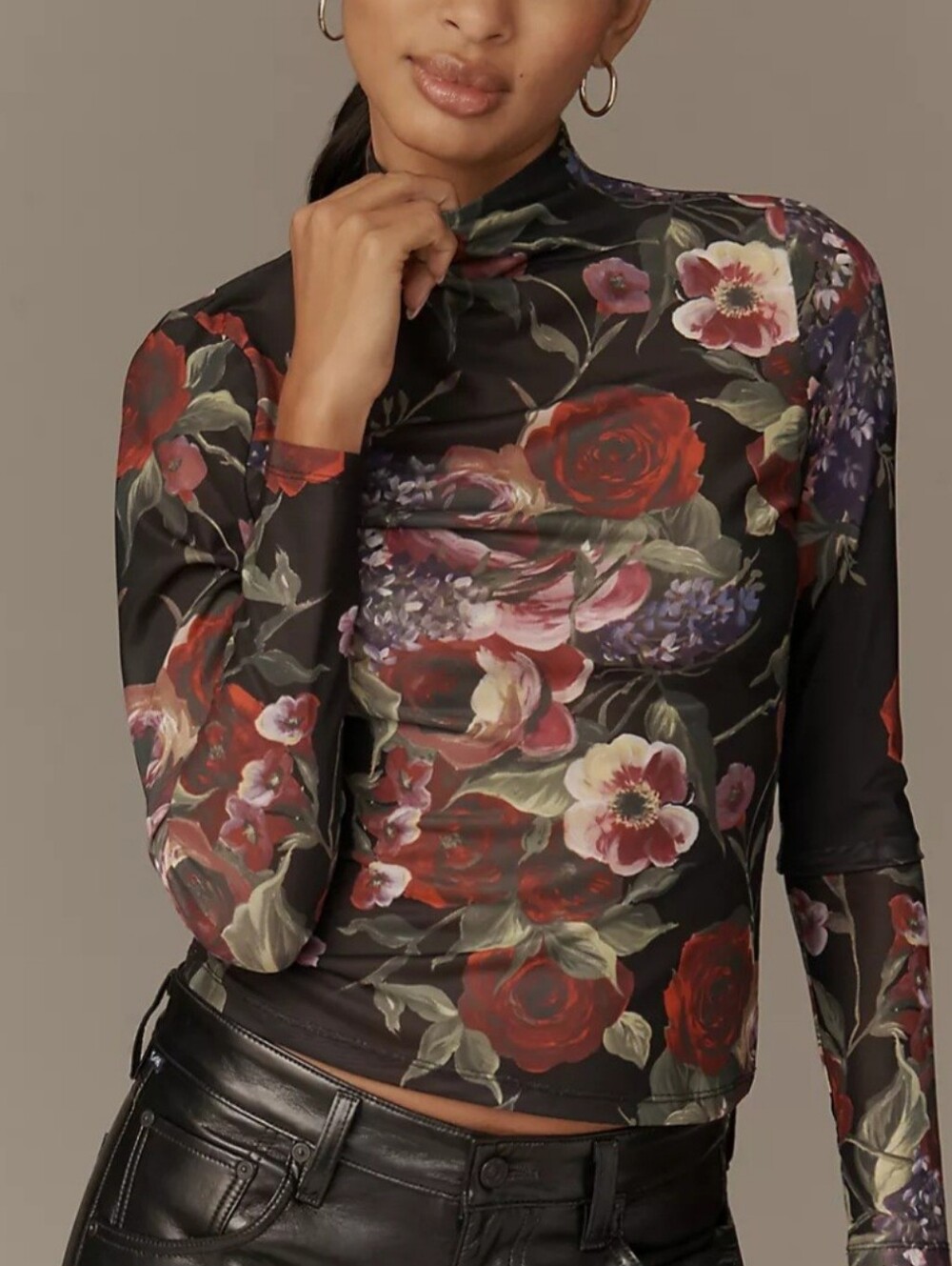 Avec Les Filles Sheer Floral Long-Sleeve Mock-Neck Top